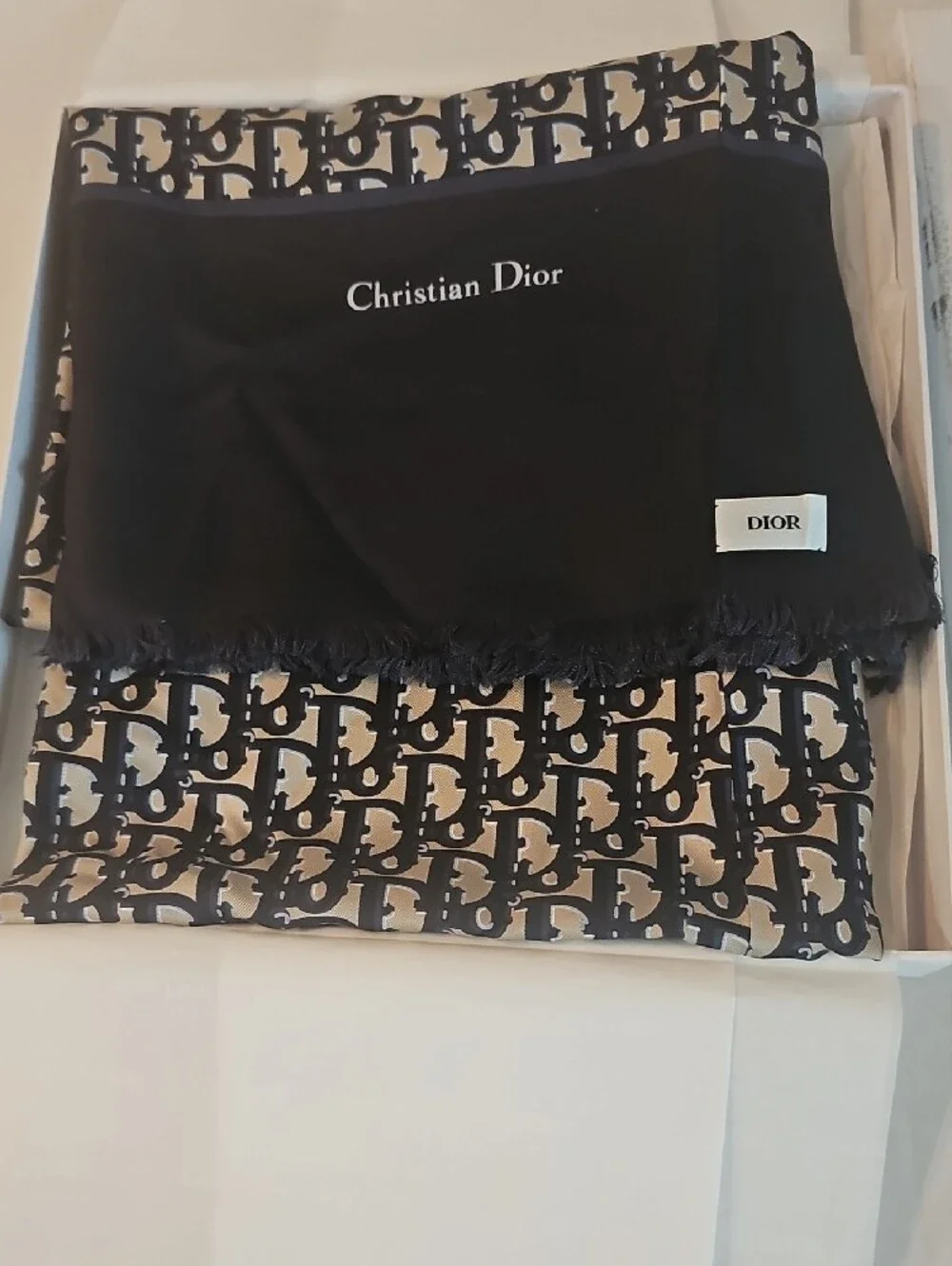 Authentic Christian Dior Oblique Navy Blue Silk Scarf (13